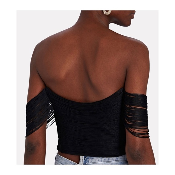 JONATHAN SIMKHAI Draped Fringed Crepe Bustier Black Off-Shoulder Top NEW - Picture 2 of 9